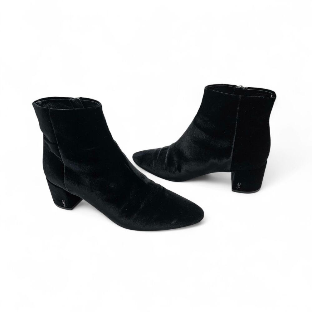 Saint Laurent YSL Ankle Boot Black Velvet Block Heel Zip Up Size 37.5 US 7.5